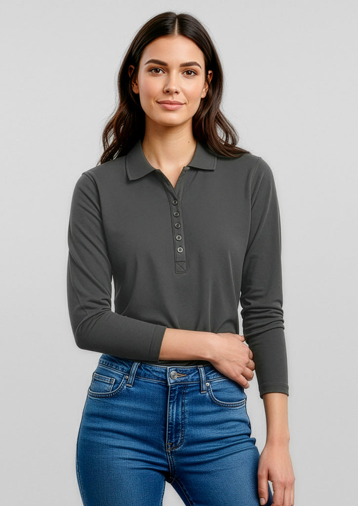 Womens Crew Long Sleeve Polo - Charcoal