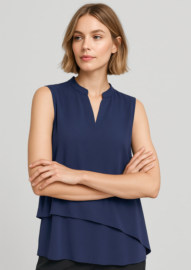 Seville Womens Sleeveless Layered Blouse - Navy