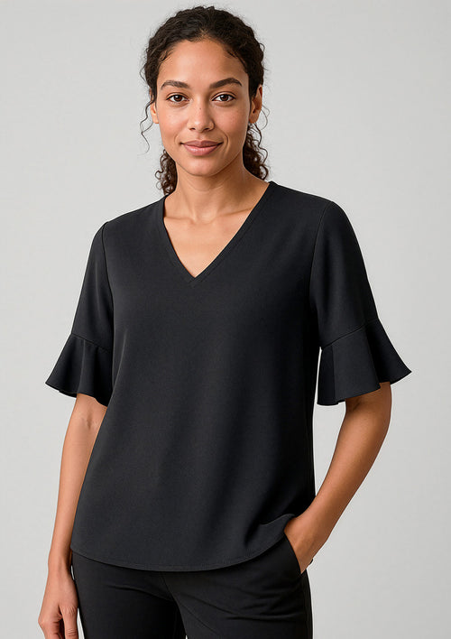 Aria Womens Fluted Sleeve Blouse - Black