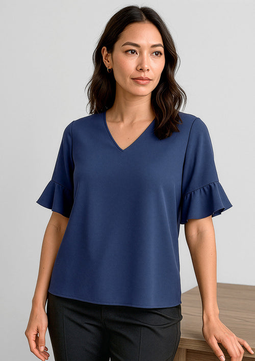 Aria Womens Fluted Sleeve Blouse - Navy