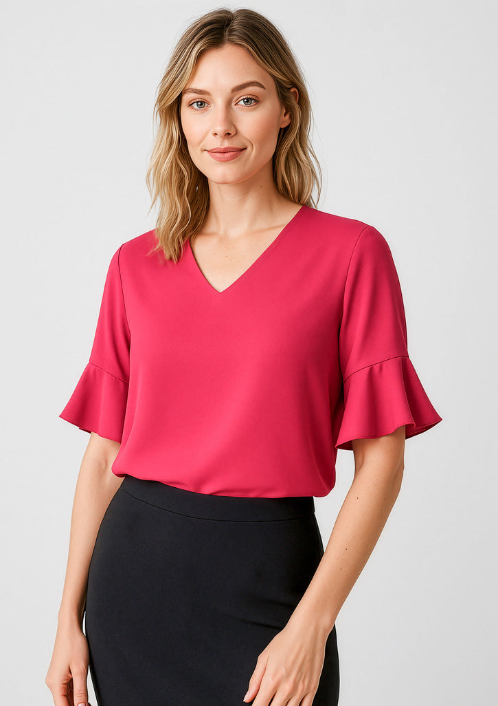 Aria Womens Fluted Sleeve Blouse - Raspberry