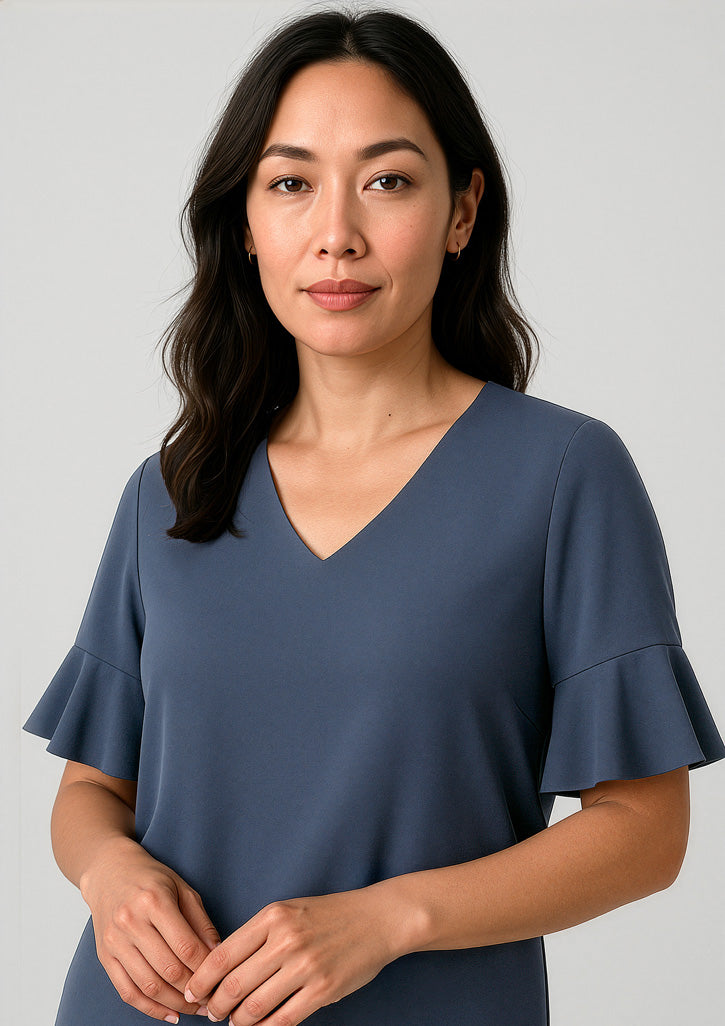 Aria Womens Fluted Sleeve Blouse - Storm Blue