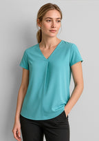 Kayla Womens V-Neck Pleat Blouse - Aqua