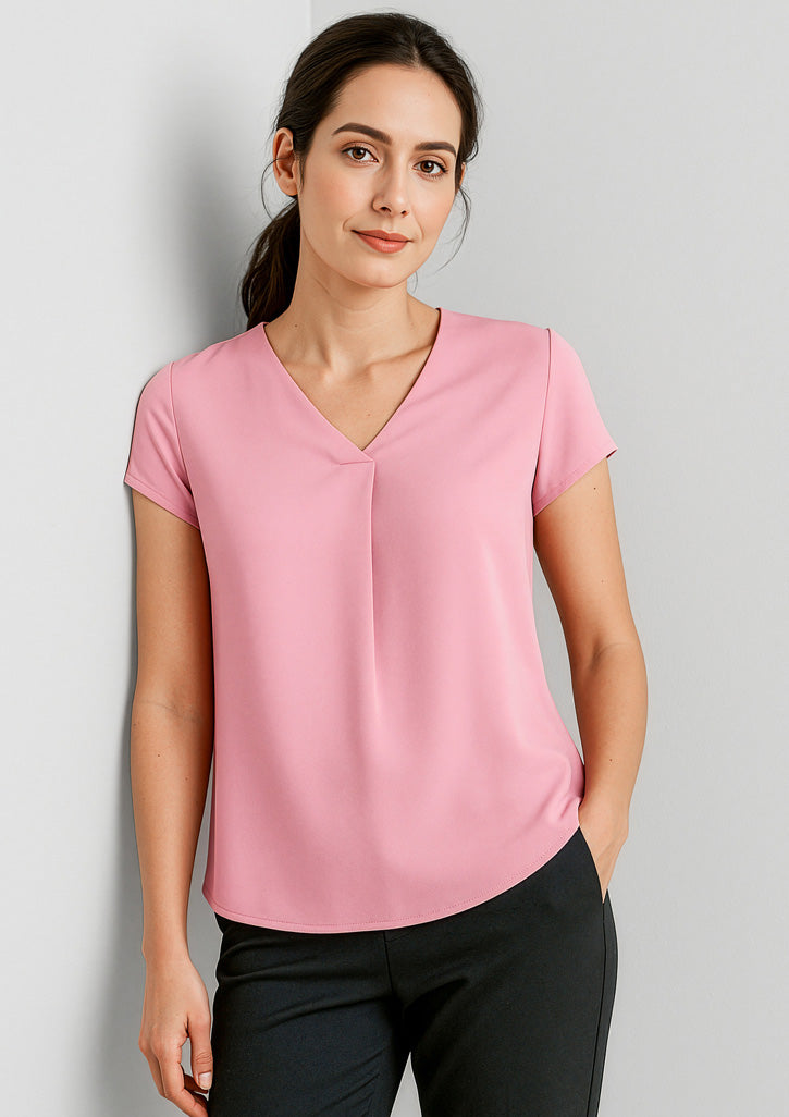 Kayla Womens V-Neck Pleat Blouse - Dusty Rose
