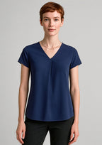 Kayla Womens V-Neck Pleat Blouse - Navy