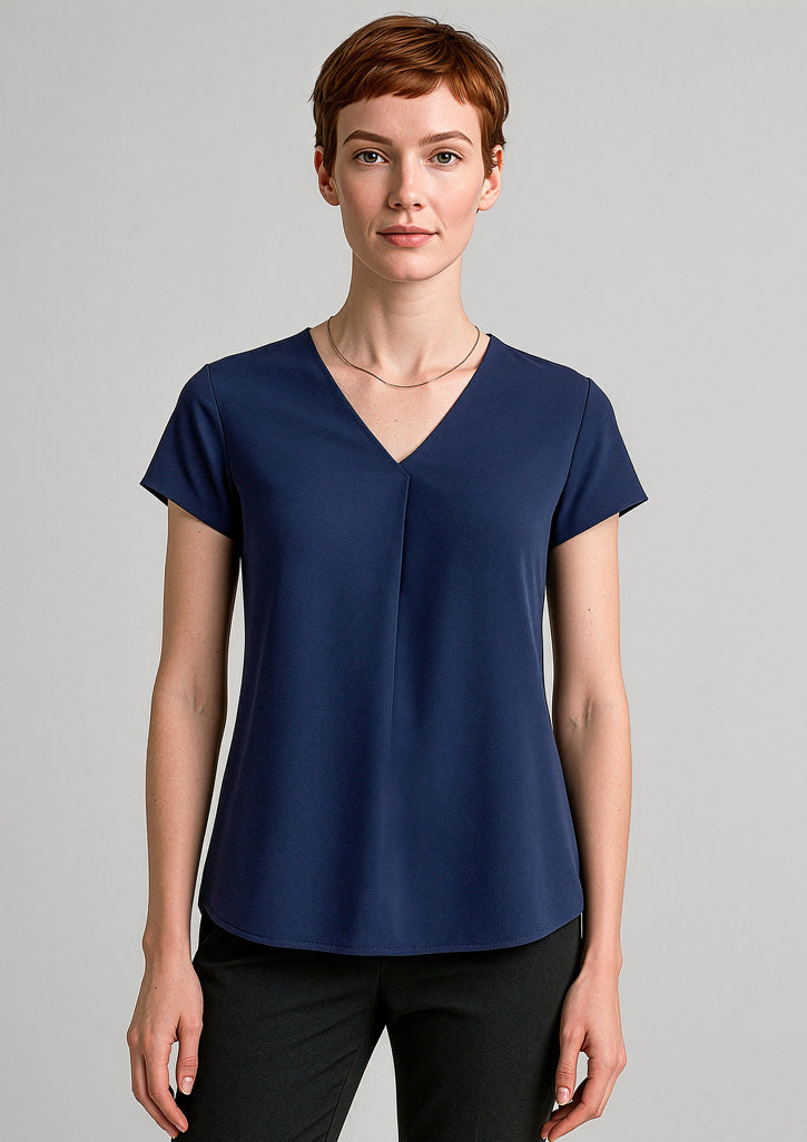 Kayla Womens V-Neck Pleat Blouse - Navy