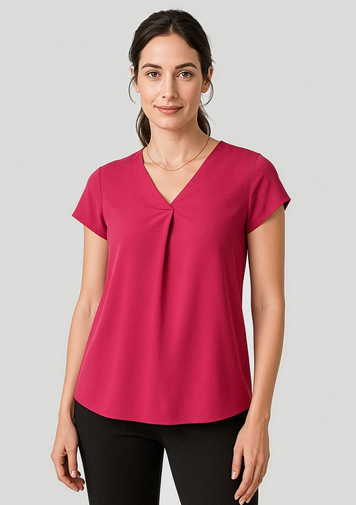 Kayla Womens V-Neck Pleat Blouse - Raspberry