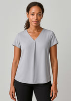 Kayla Womens V-Neck Pleat Blouse - Silver