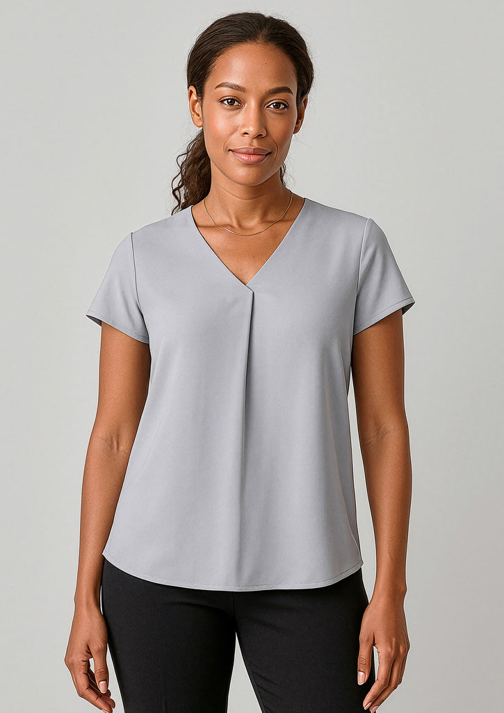 Kayla Womens V-Neck Pleat Blouse - Silver