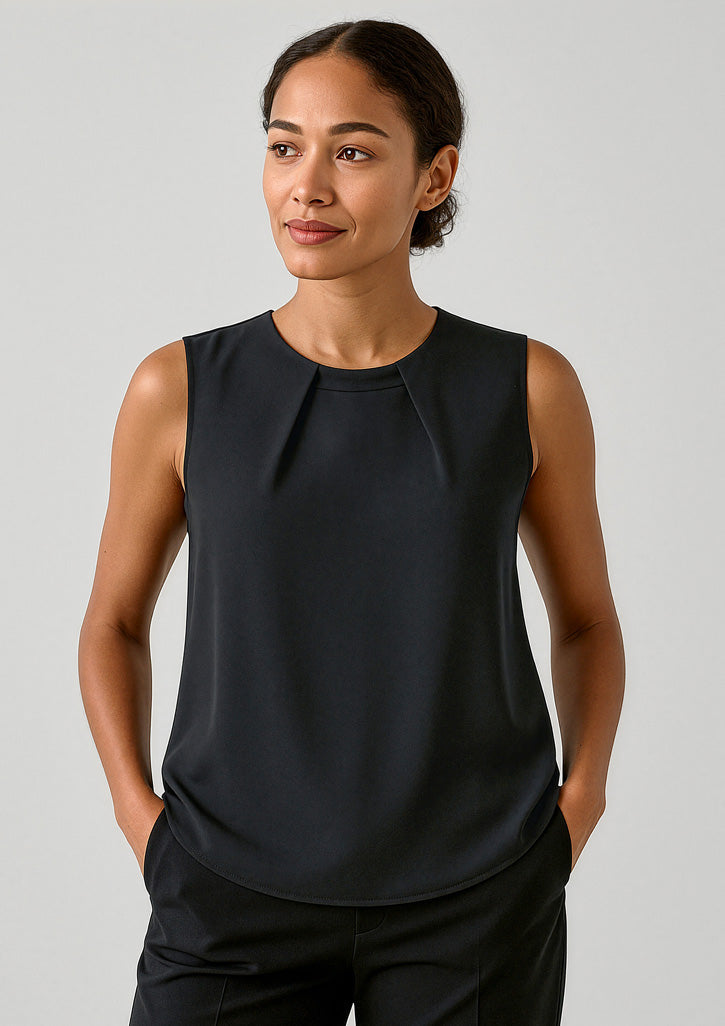 Estelle Womens Sleeveless Pleat Detail Blouse - Black