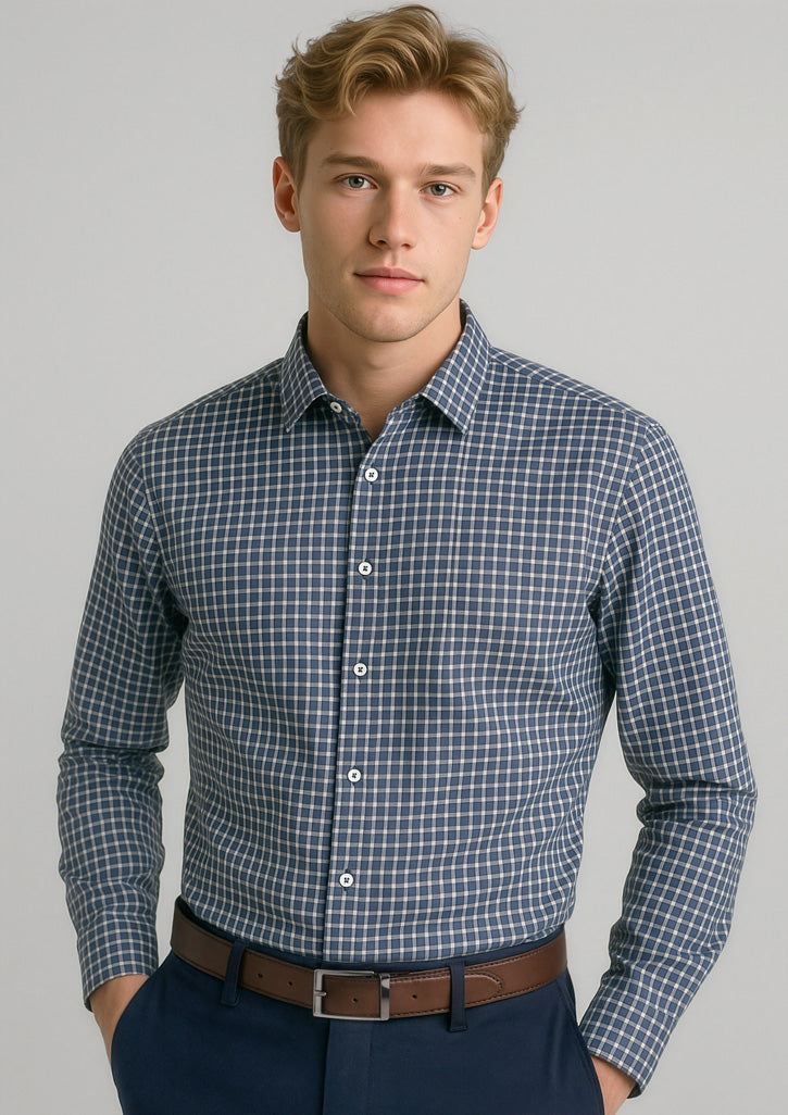 Noah Mens Long Sleeve Shirt - Storm Blue/White Check